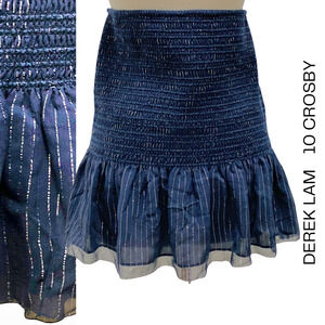 Derek Lam 10 Crosby NEW Sample Piece Navy Silver Metallic Smocked Ruffle…